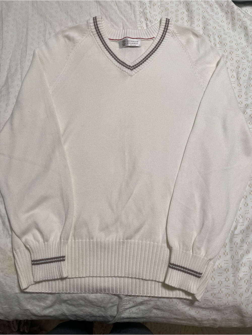 Brunello Cucinelli Men's V-Neck Cotton Sweater in Cream
